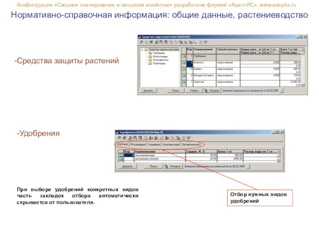 Нормативно-справочная информация: общие данные, растениеводство Конфигурация «Сводное планирование в сельском хозяйстве» разработана