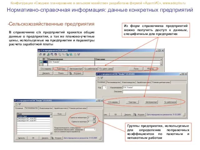 Нормативно-справочная информация: данные конкретных предприятий Конфигурация «Сводное планирование в сельском хозяйстве» разработана