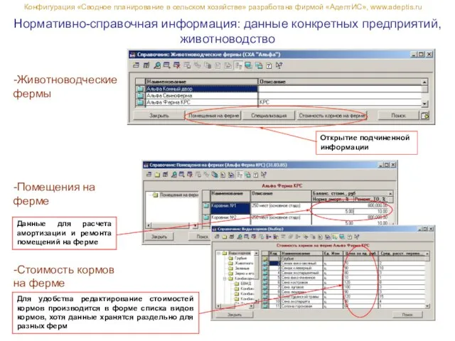 Нормативно-справочная информация: данные конкретных предприятий, животноводство -Животноводческие фермы Открытие подчиненной информации -Помещения