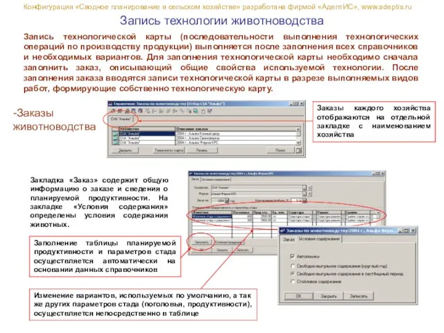 Запись технологии животноводства Конфигурация «Сводное планирование в сельском хозяйстве» разработана фирмой «АдептИС»,