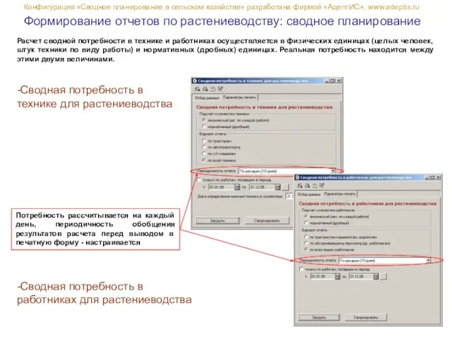 Конфигурация «Сводное планирование в сельском хозяйстве» разработана фирмой «АдептИС», www.adeptis.ru -Сводная потребность