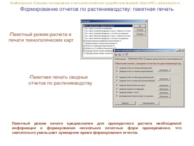 Формирование отчетов по растениеводству: пакетная печать Конфигурация «Сводное планирование в сельском хозяйстве»