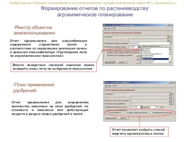 Формирование отчетов по растениеводству: агрохимическое планирование Конфигурация «Сводное планирование в сельском хозяйстве»