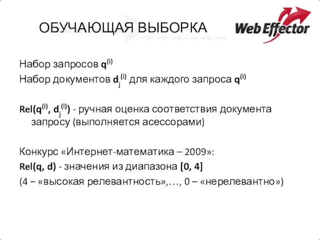 ОБУЧАЮЩАЯ ВЫБОРКА Набор запросов q(i) Набор документов dj(i) для каждого запроса q(i)