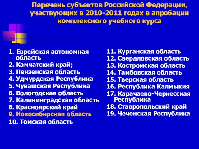 Перечень субъектов Российской Федерации, участвующих в 2010-2011 годах в апробации комплексного учебного