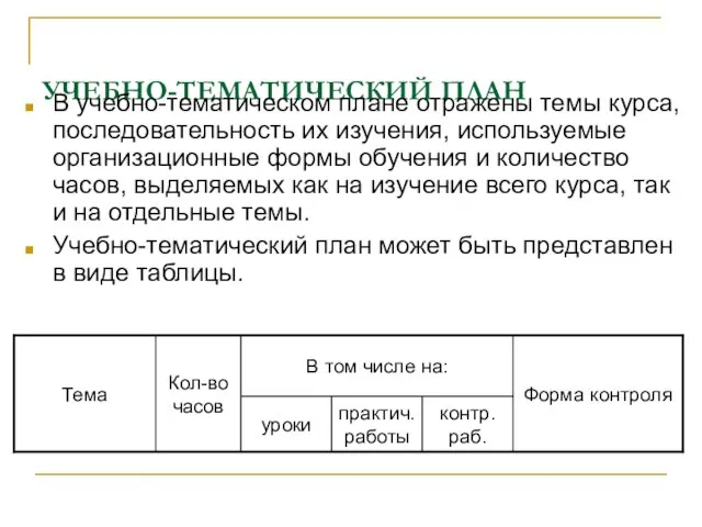 УЧЕБНО-ТЕМАТИЧЕСКИЙ ПЛАН В учебно-тематическом плане отражены темы курса, последовательность их изучения, используемые