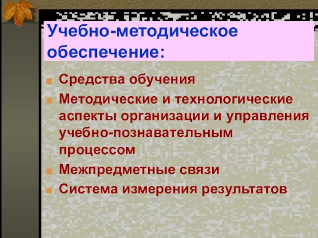 Учебно-методическое обеспечение: Средства обучения Методические и технологические аспекты организации и управления учебно-познавательным