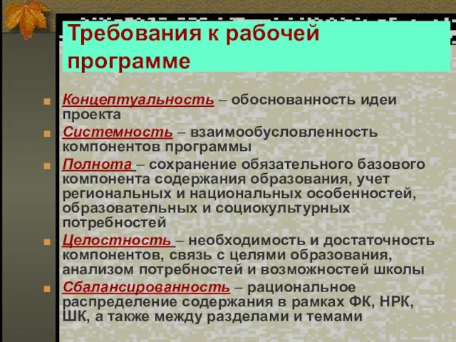 Требования к рабочей программе Концептуальность – обоснованность идеи проекта Системность – взаимообусловленность