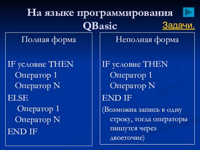 На языке программирования QBasic Полная форма IF условие THEN Оператор 1 Оператор