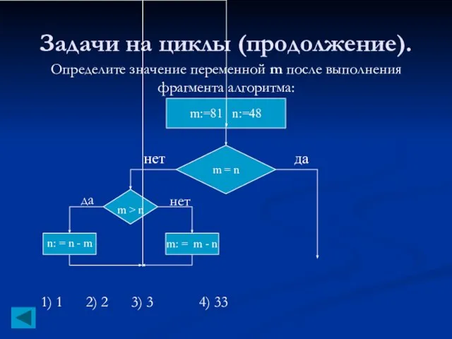 Задачи на циклы (продолжение). Определите значение переменной m после выполнения фрагмента алгоритма: