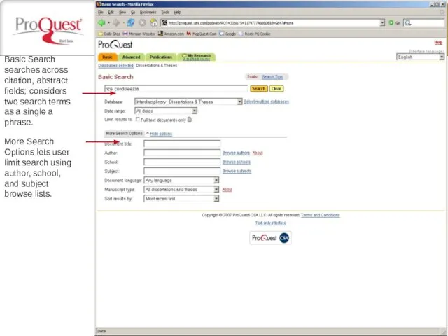 Basic Search searches across citation, abstract fields; considers two search terms as