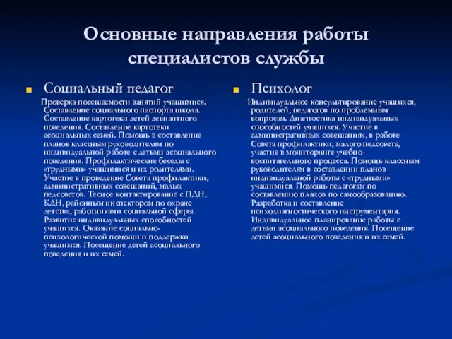 Основные направления работы специалистов службы Социальный педагог Проверка посещаемости занятий учащимися. Составление