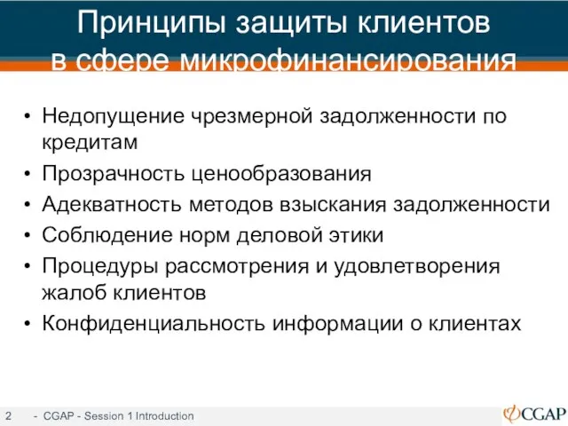 Принципы защиты клиентов в сфере микрофинансирования Недопущение чрезмерной задолженности по кредитам Прозрачность