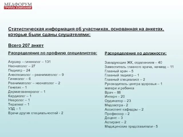 Распределение по профилю специалистов: Акушер – гинеколог – 131 Неонатолог – 27