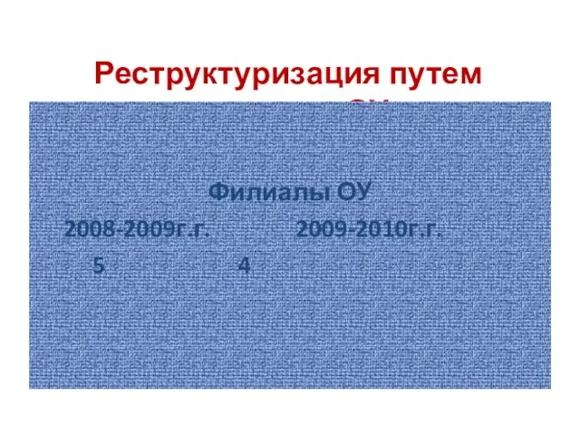 Реструктуризация путем закрытия ОУ Филиалы ОУ 2008-2009г.г. 2009-2010г.г. 5 4