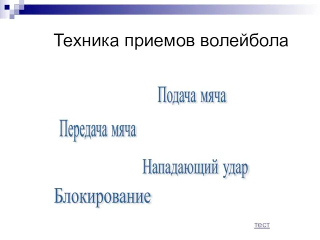 Техника приемов волейбола Подача мяча Передача мяча Нападающий удар Блокирование тест