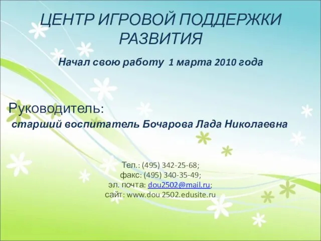 ЦЕНТР ИГРОВОЙ ПОДДЕРЖКИ РАЗВИТИЯ Начал свою работу 1 марта 2010 года Руководитель: