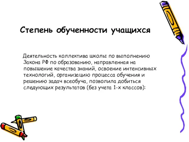 Степень обученности учащихся Деятельность коллектива школы по выполнению Закона РФ по образованию,