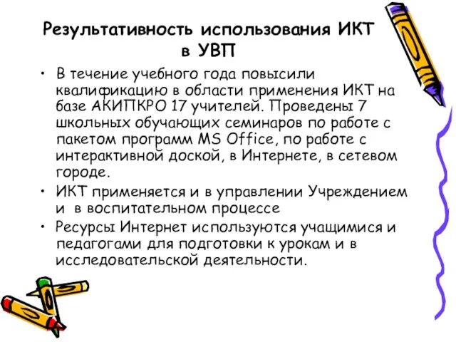 Результативность использования ИКТ в УВП В течение учебного года повысили квалификацию в