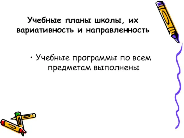 Учебные планы школы, их вариативность и направленность Учебные программы по всем предметам выполнены