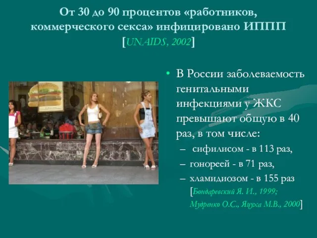 Oт 30 до 90 процентов «работников, коммерческого секса» инфицировано ИППП [UNAIDS, 2002]