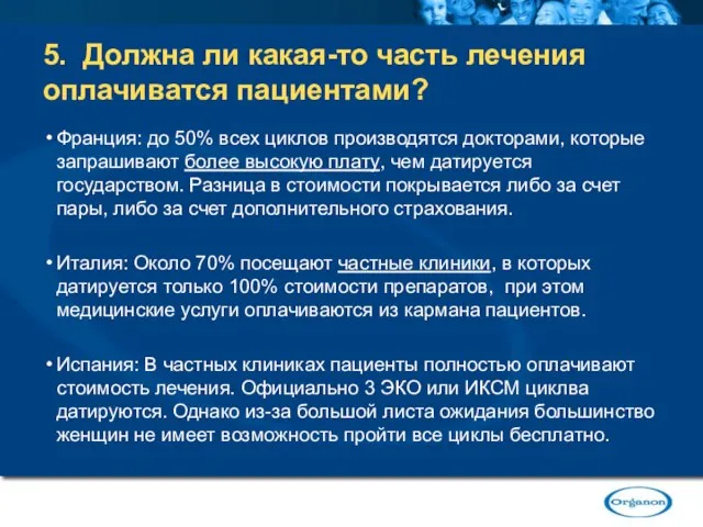 5. Должна ли какая-то часть лечения оплачиватся пациентами? Франция: до 50% всех