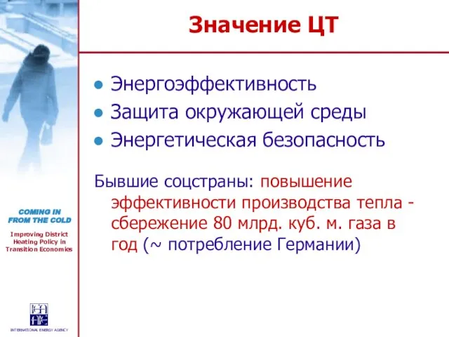 Значение ЦТ Энергоэффективность Защита окружающей среды Энергетическая безопасность Бывшие соцстраны: повышение эффективности