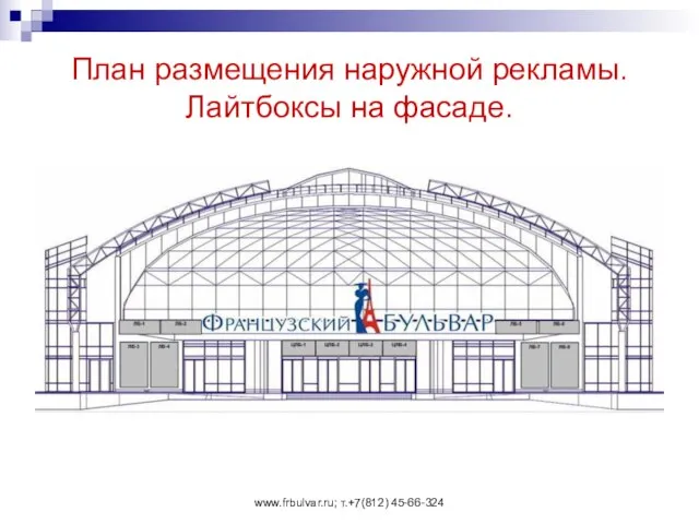 www.frbulvar.ru; т.+7(812) 45-66-324 План размещения наружной рекламы. Лайтбоксы на фасаде.