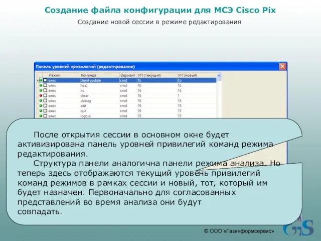 После открытия сессии в основном окне будет активизирована панель уровней привилегий команд