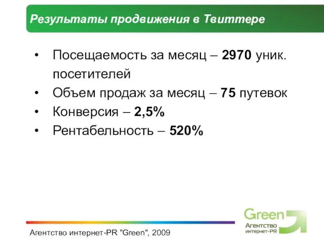 Агентство интернет-PR "Green", 2009 Результаты продвижения в Твиттере Посещаемость за месяц –