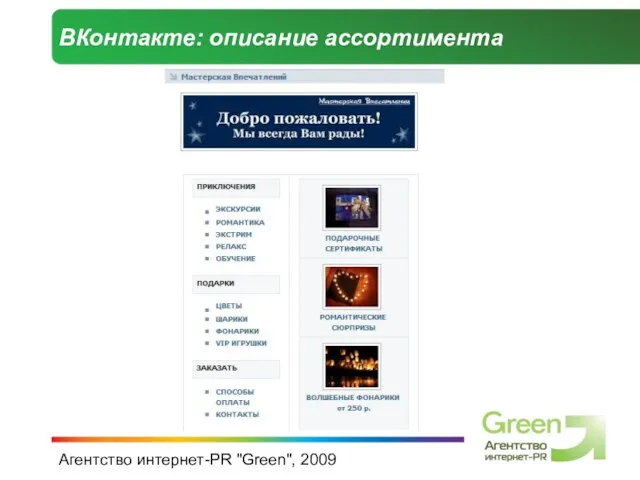 Агентство интернет-PR "Green", 2009 ВКонтакте: описание ассортимента