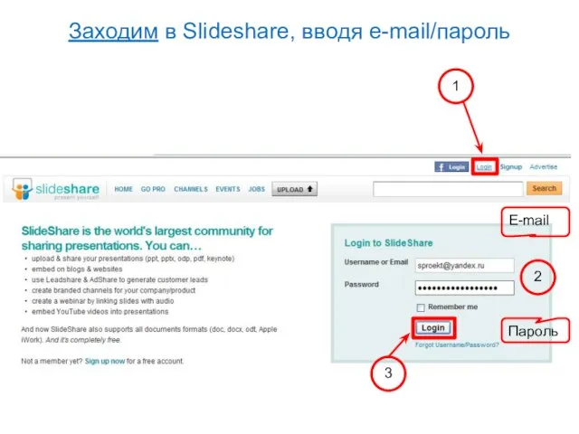 Заходим в Slideshare, вводя e-mail/пароль E-mail Пароль 1 2 3