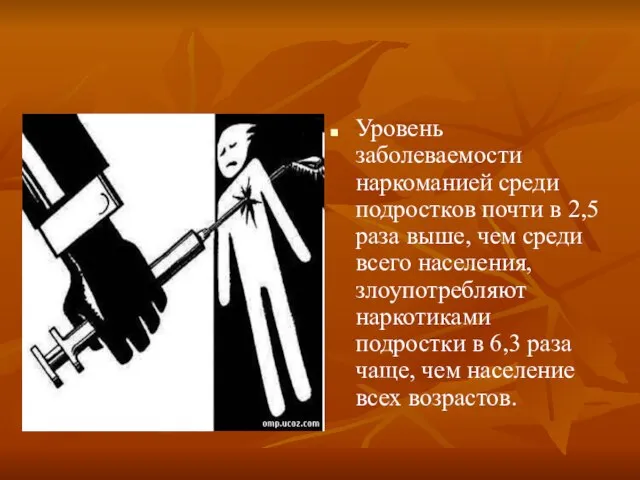 Уровень заболеваемости наркоманией среди подростков почти в 2,5 раза выше, чем среди