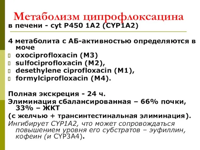 Метаболизм ципрофлоксацина в печени - cyt P450 1A2 (CYP1A2) 4 метаболита с