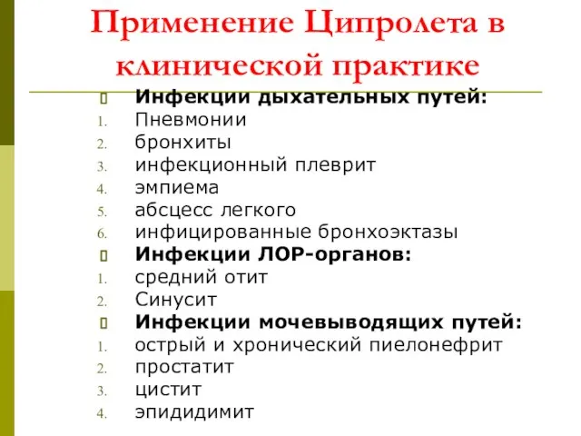 Применение Ципролета в клинической практике Инфекции дыхательных путей: Пневмонии бронхиты инфекционный плеврит