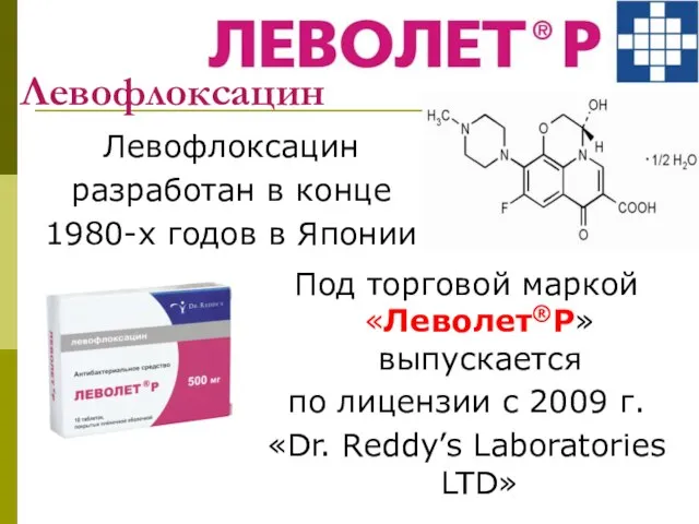 Левофлоксацин Левофлоксацин разработан в конце 1980-х годов в Японии Под торговой маркой