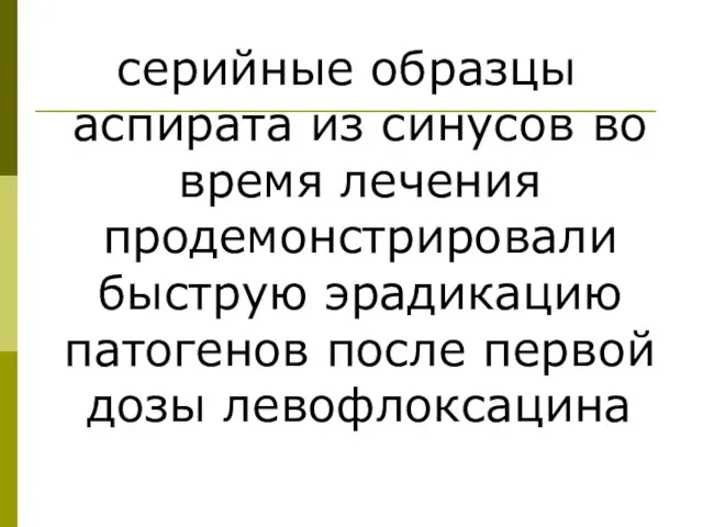 серийные образцы аспирата из синусов во время лечения продемонстрировали быструю эрадикацию патогенов после первой дозы левофлоксацина