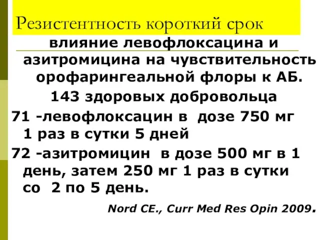 Резистентность короткий срок влияние левофлоксацина и азитромицина на чувствительность орофарингеальной флоры к