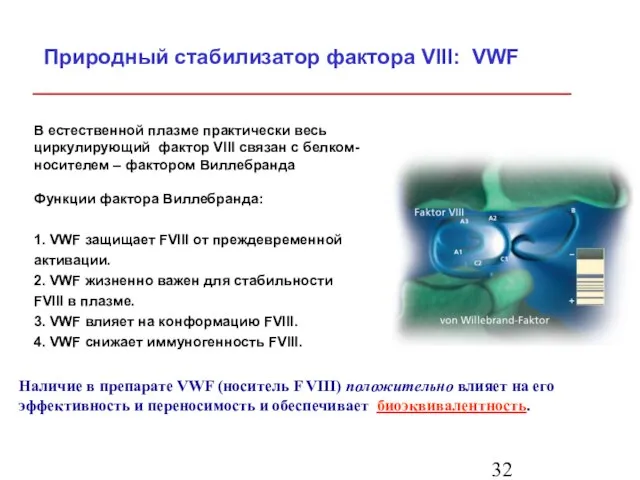 Природный стабилизатор фактора VIII: VWF В естественной плазме практически весь циркулирующий фактор
