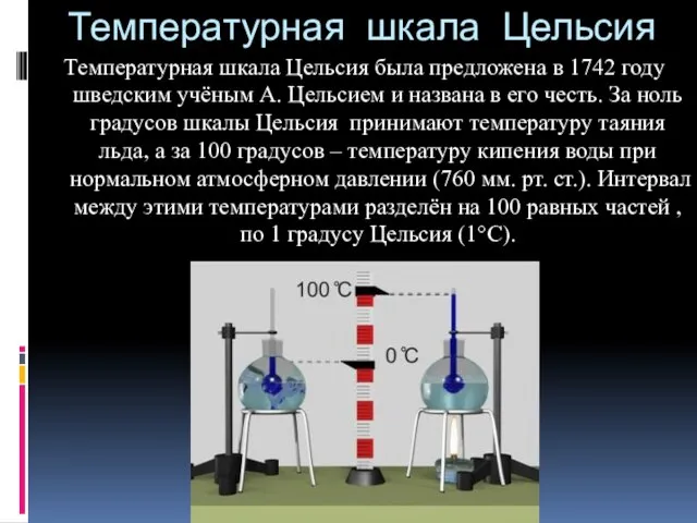 Температурная шкала Цельсия Температурная шкала Цельсия была предложена в 1742 году шведским