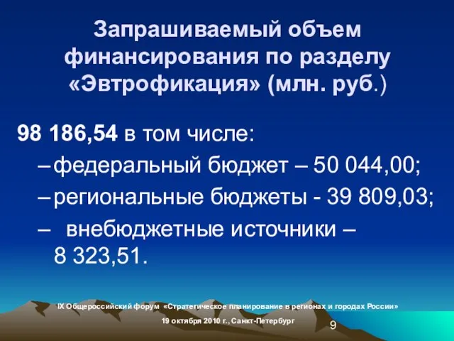 Запрашиваемый объем финансирования по разделу «Эвтрофикация» (млн. руб.) 98 186,54 в том