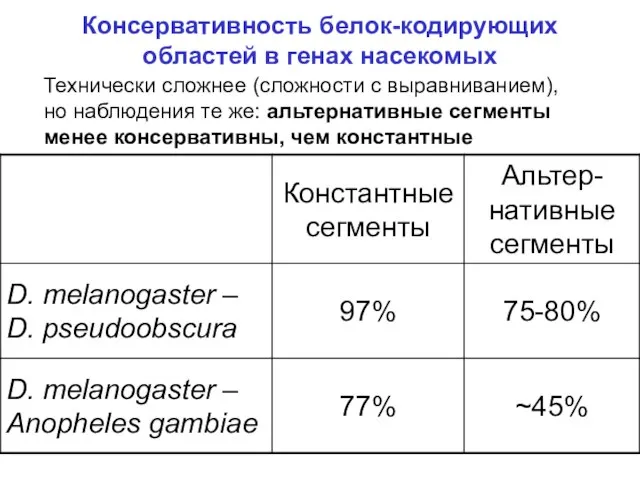 Консервативность белок-кодирующих областей в генах насекомых Технически сложнее (сложности с выравниванием), но