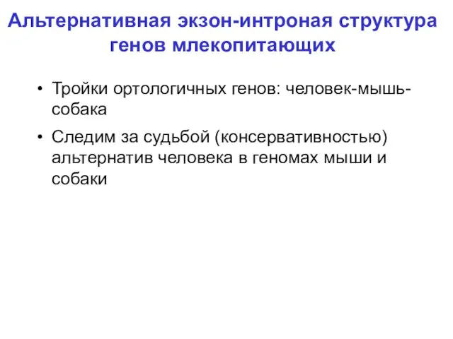 Альтернативная экзон-интроная структура генов млекопитающих Тройки ортологичных генов: человек-мышь-собака Следим за судьбой