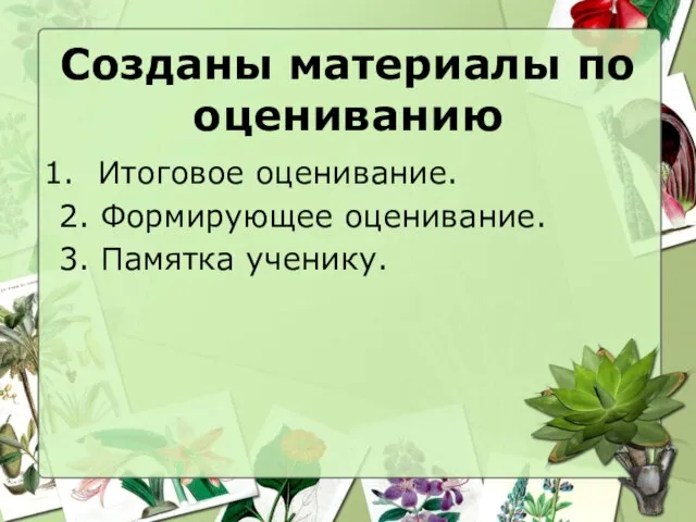 Созданы материалы по оцениванию Итоговое оценивание. 2. Формирующее оценивание. 3. Памятка ученику.