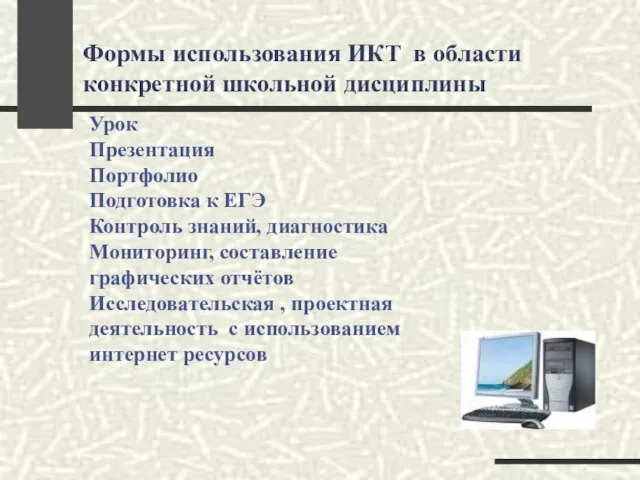 Формы использования ИКТ в области конкретной школьной дисциплины Урок Презентация Портфолио Подготовка