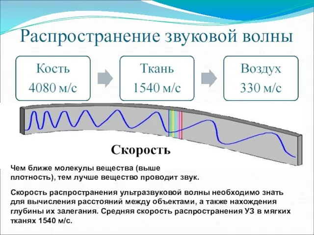 Распространение звуковой волны Скорость Чем ближе молекулы вещества (выше плотность), тем лучше