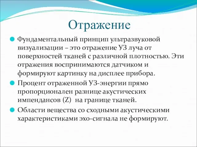 Отражение Фундаментальный принцип ультразвуковой визуализации – это отражение УЗ луча от поверхностей