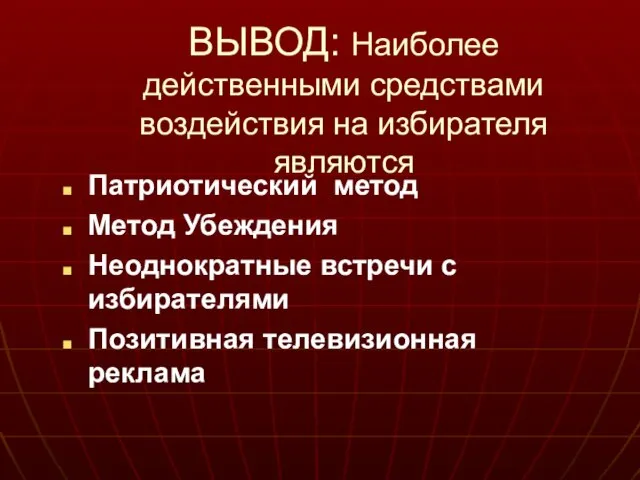 ВЫВОД: Наиболее действенными средствами воздействия на избирателя являются Патриотический метод Метод Убеждения