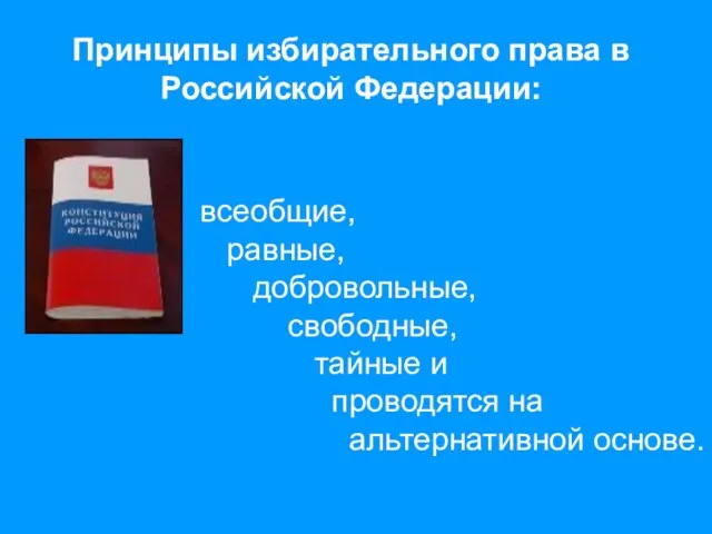 Принципы избирательного права в Российской Федерации: всеобщие, равные, добровольные, свободные, тайные и проводятся на альтернативной основе.