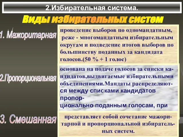 2.Избирательная система. Виды избирательных систем 1. Мажоритарная проведение выборов по одномандатным, реже